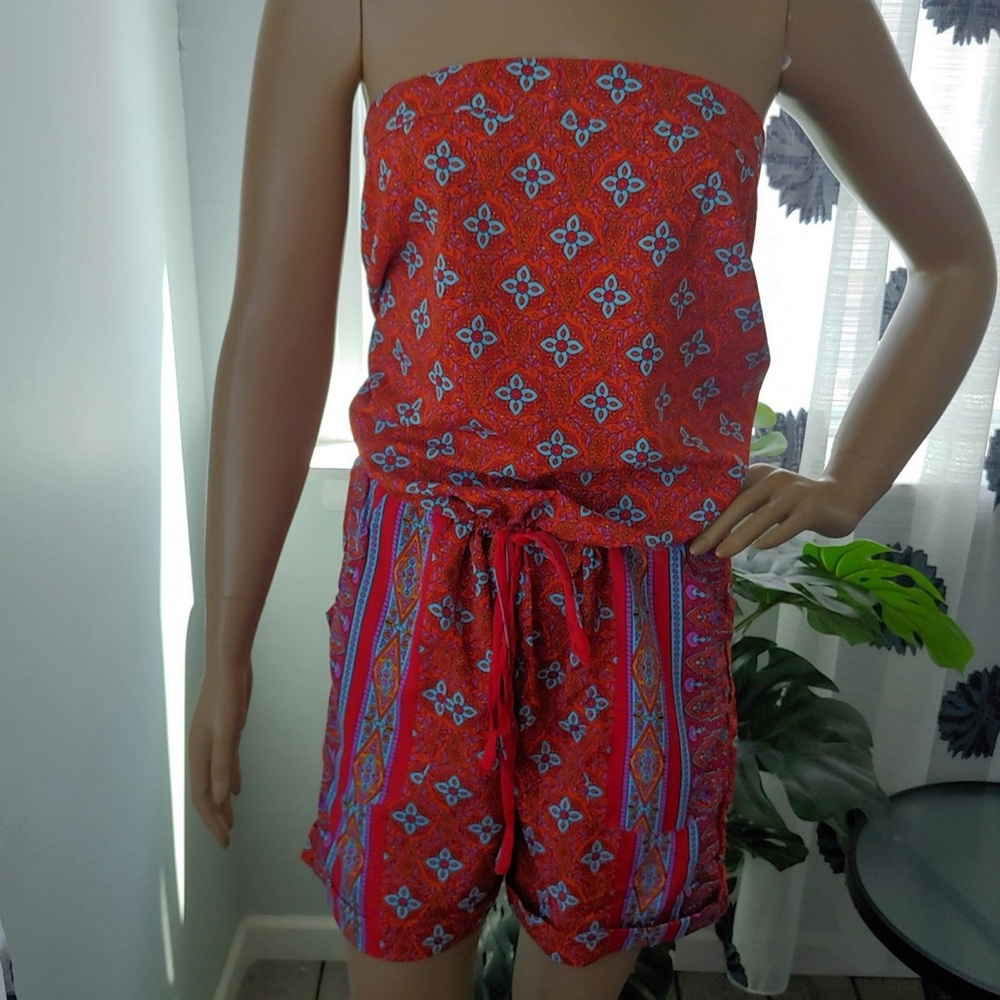 Earthbound Trading Co Orange Blue Boho Strapless Tube Top Romper Pockets Large - Picture 2 of 6